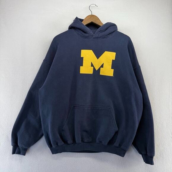 Vintage Michigan Wolverines Hoodie Men's 2XL Blue Graphic Sweatshirt Center - Picture 2 of 12